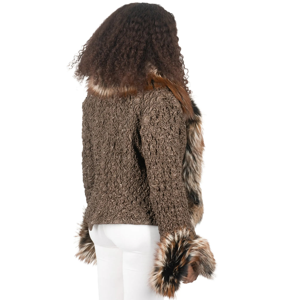 Crinkle Leather Jacket with Fox Fur Lining