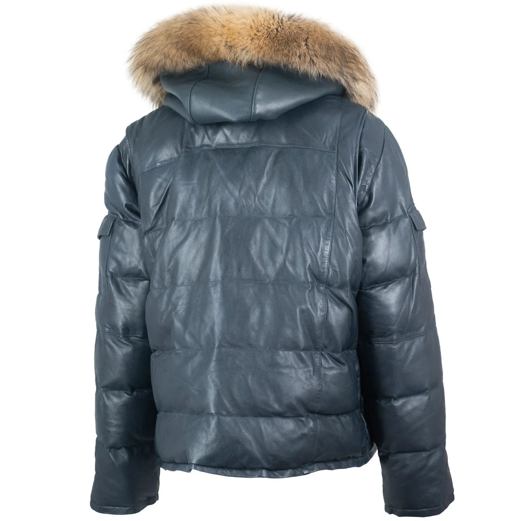 Fox Fur Trim Hood Leather Puffer Jacket