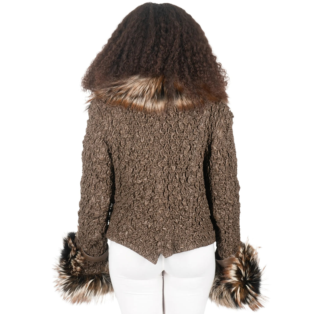Crinkle Leather Jacket with Fox Fur Lining