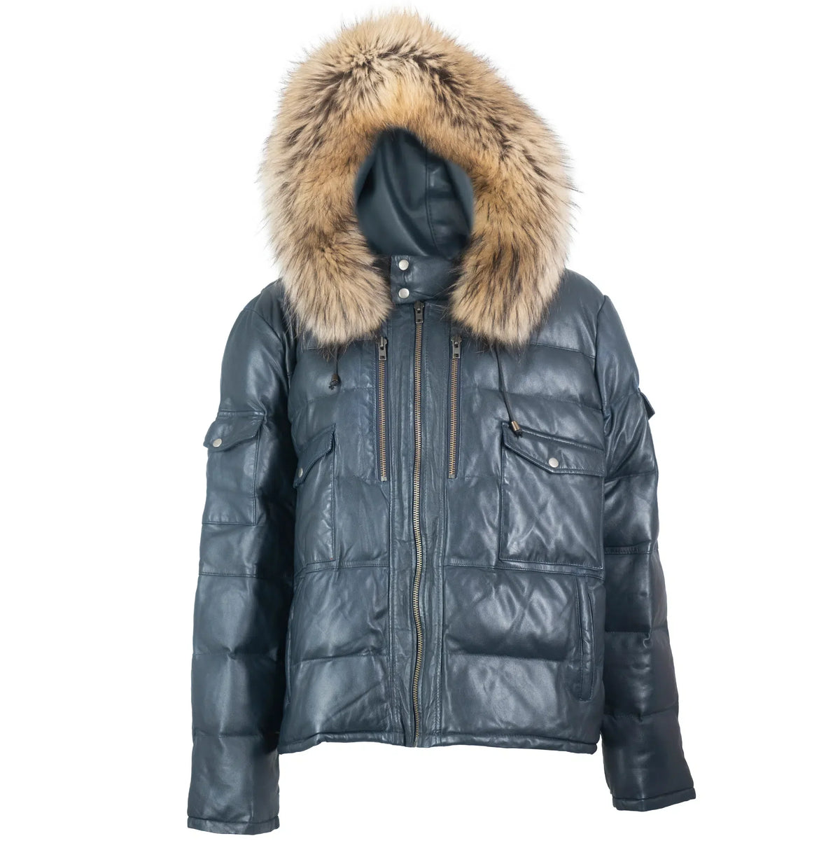 Fox Fur Trim Hood Leather Puffer Jacket