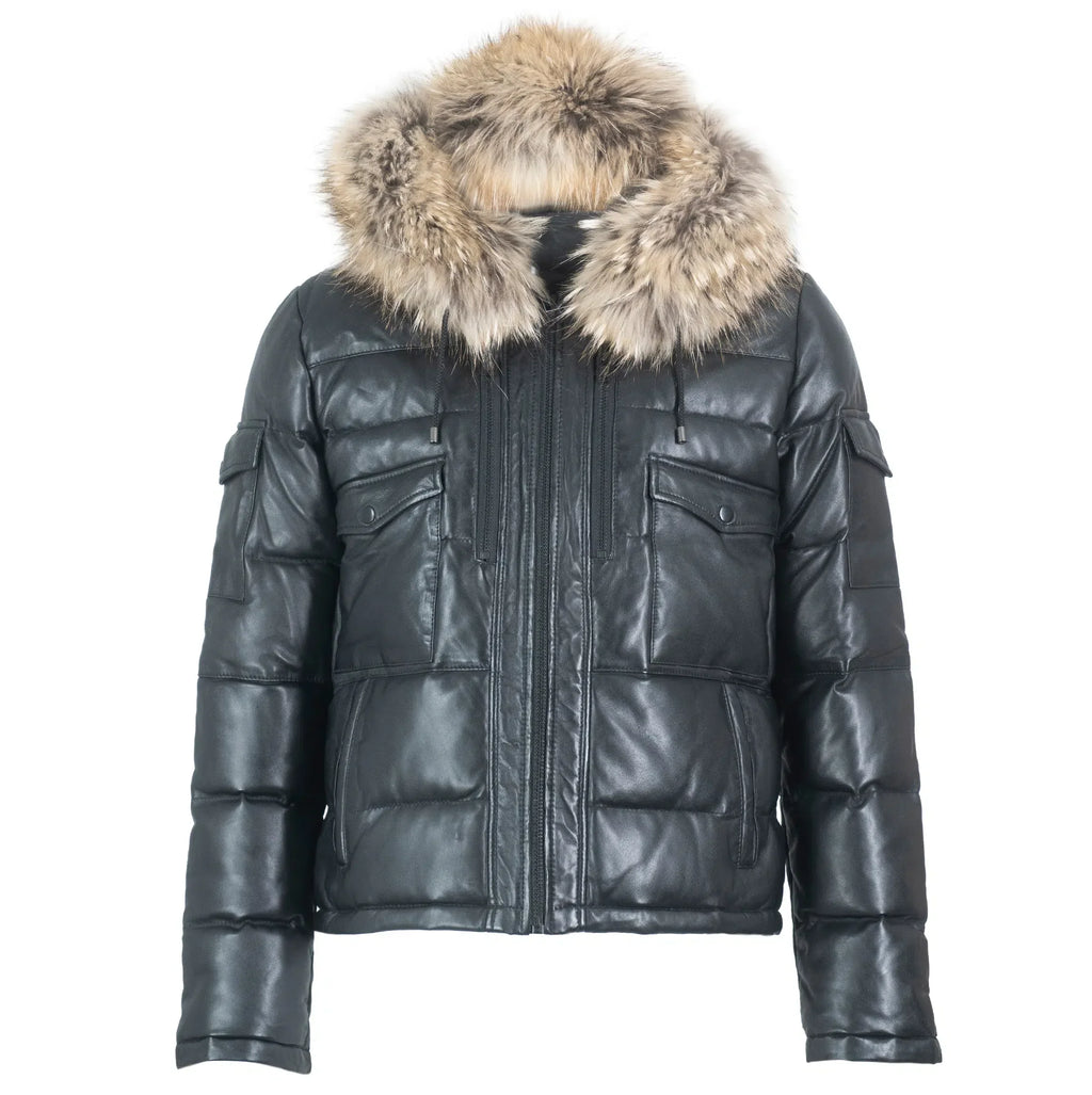 Fox Fur Trim Hood Leather Puffer Jacket