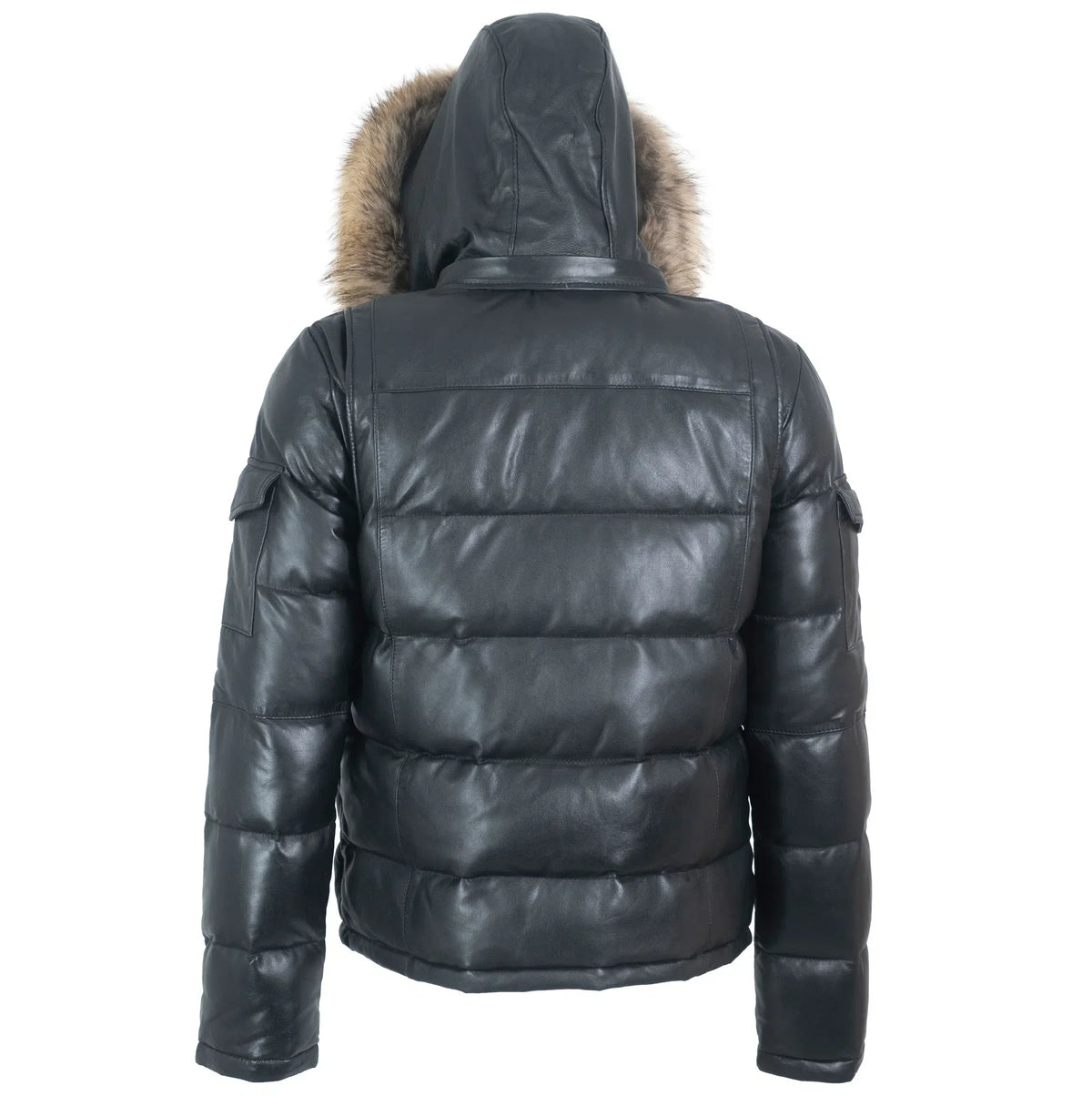 Fox Fur Trim Hood Leather Puffer Jacket