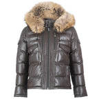 Fox Fur Trim Hood Leather Puffer Jacket