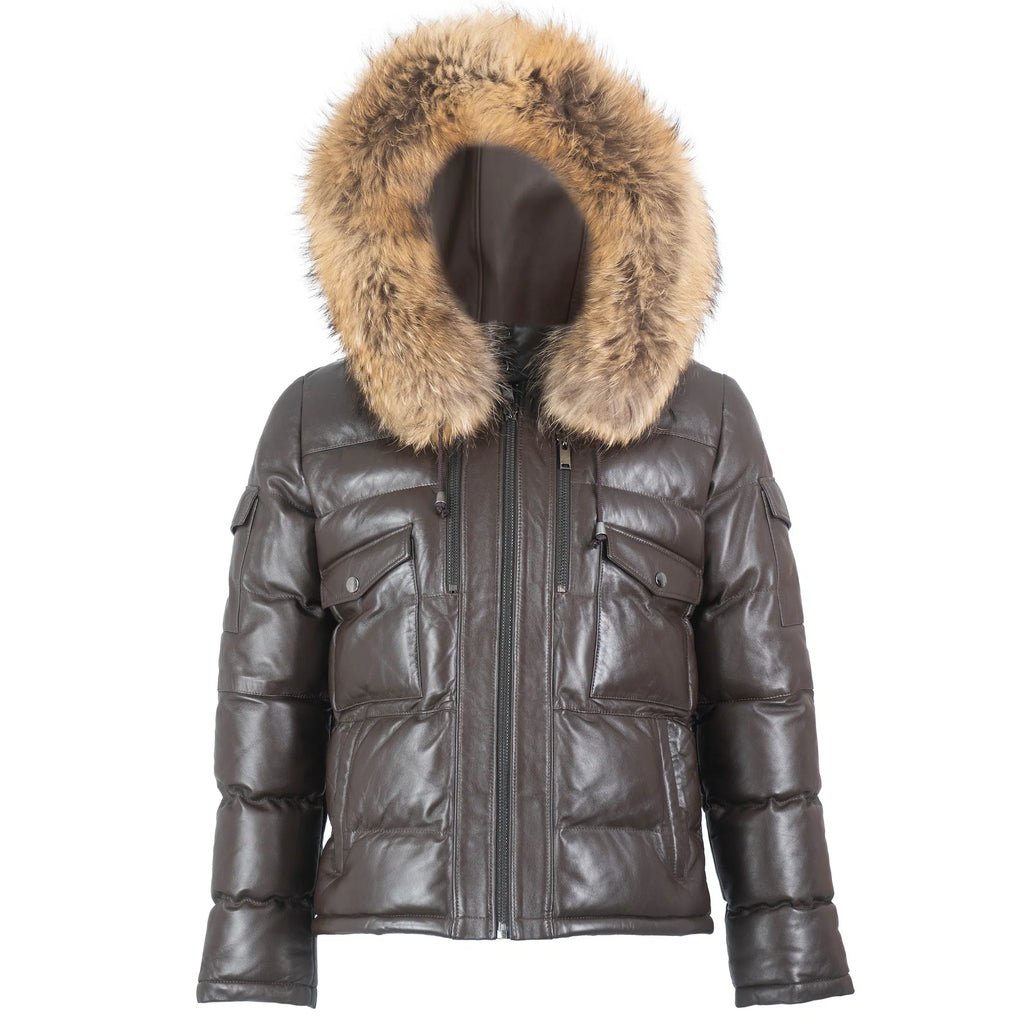 Fox Fur Trim Hood Leather Puffer Jacket