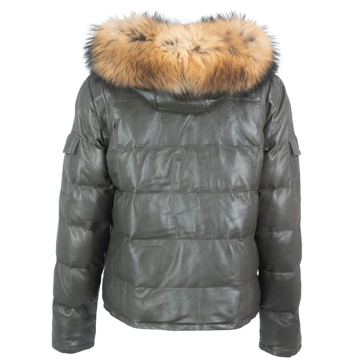 Fox Fur Trim Hood Leather Puffer Jacket