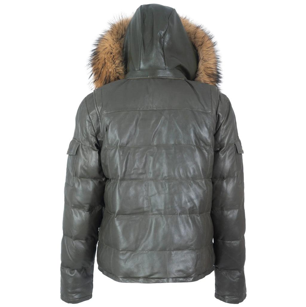 Fox Fur Trim Hood Leather Puffer Jacket