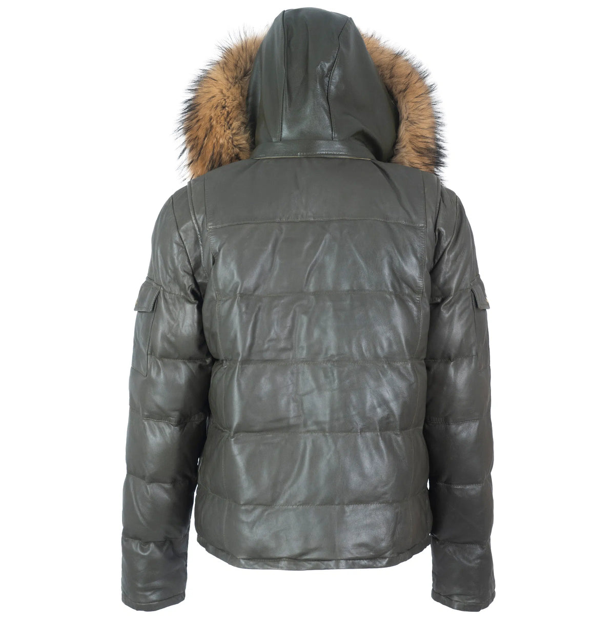 Fox Fur Trim Hood Leather Puffer Jacket