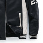 Black Zippered Leather Bomber Varsity Trucker Jacket