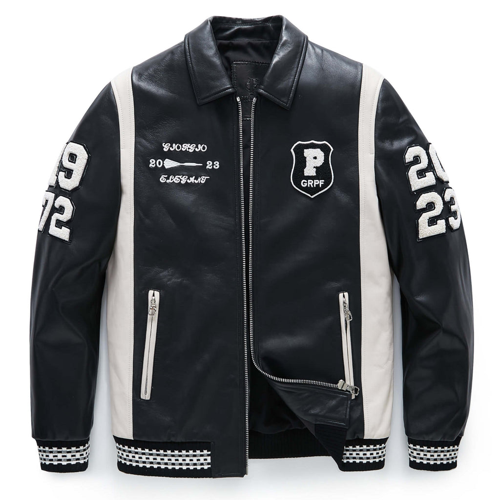 Black Zippered Leather Bomber Varsity Trucker Jacket