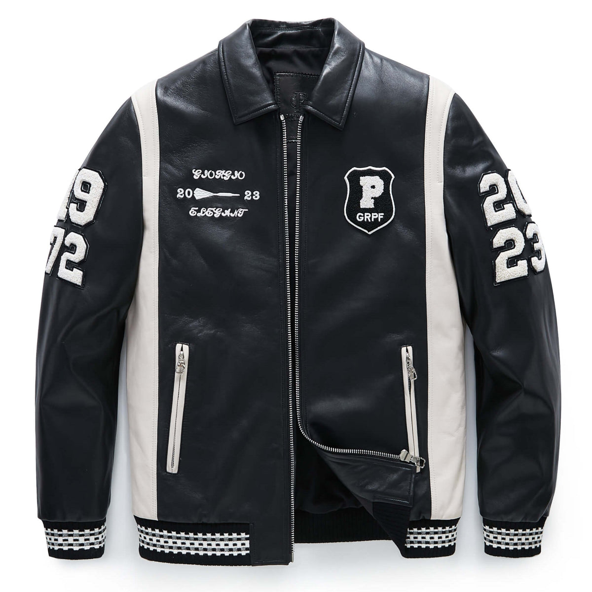 Black Zippered Leather Bomber Varsity Trucker Jacket