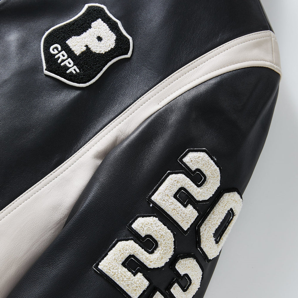 Black Zippered Leather Bomber Varsity Trucker Jacket