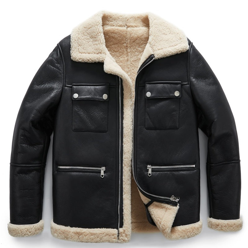 Black Real Sheepskin Shearling Trim Bomber Trucker Jacket