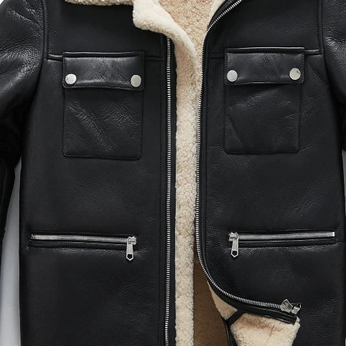 Black Real Sheepskin Shearling Trim Bomber Trucker Jacket