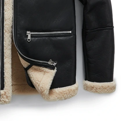 Black Real Sheepskin Shearling Trim Bomber Trucker Jacket