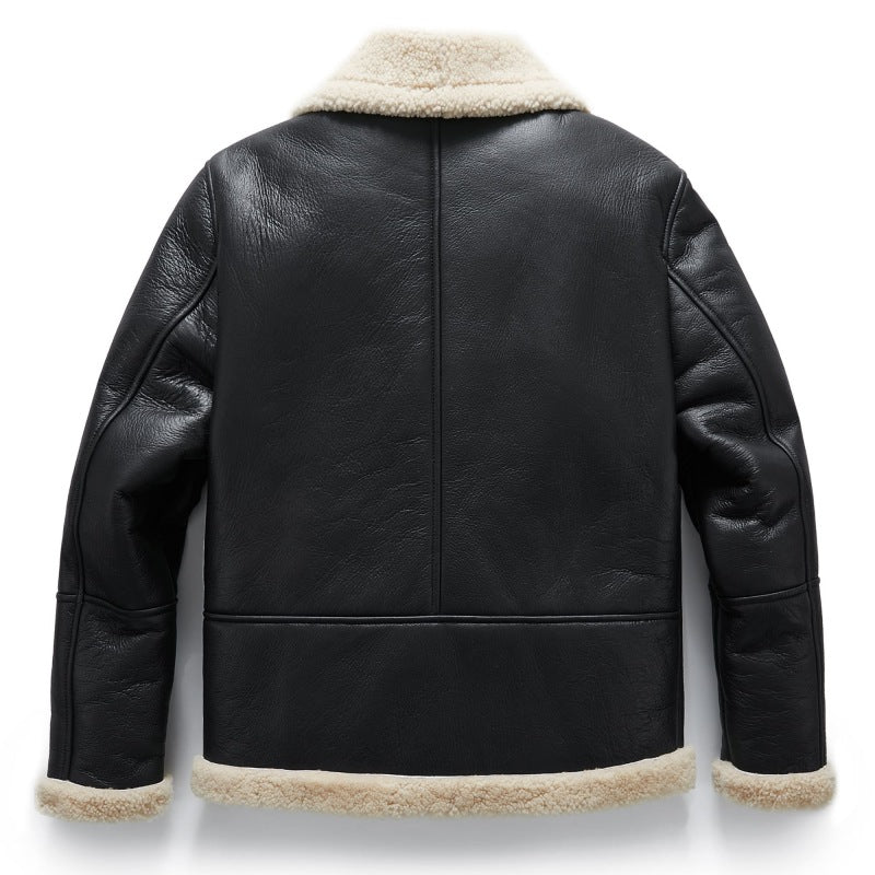 Black Real Sheepskin Shearling Trim Bomber Trucker Jacket