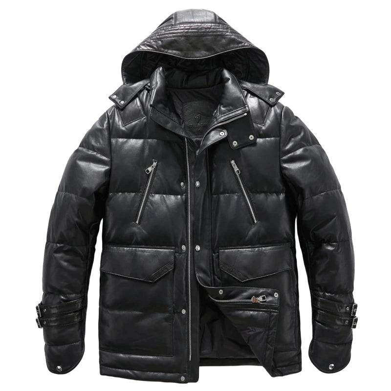 Black/White Goatskin Leather Bomber Hooded Down Jacket
