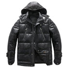 Black/White Goatskin Leather Bomber Hooded Down Jacket