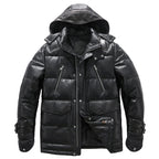 Black/White Goatskin Leather Bomber Hooded Down Jacket