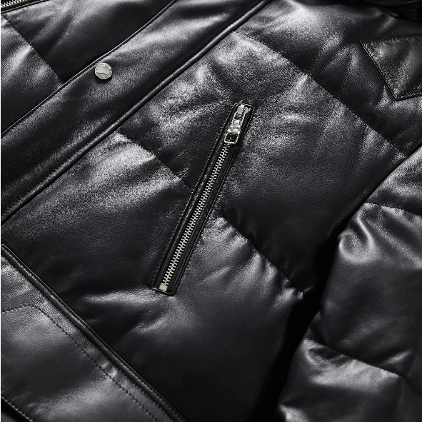 Black/White Goatskin Leather Bomber Hooded Down Jacket