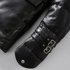 Black/White Goatskin Leather Bomber Hooded Down Jacket