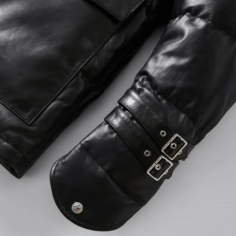 Black/White Goatskin Leather Bomber Hooded Down Jacket