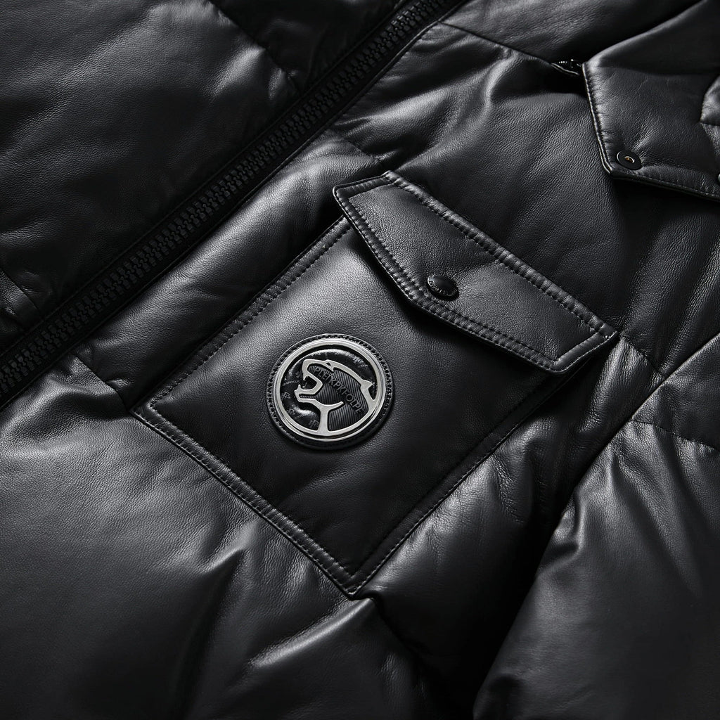 Black/White Goatskin Leather Bomber Hooded Down Jacket