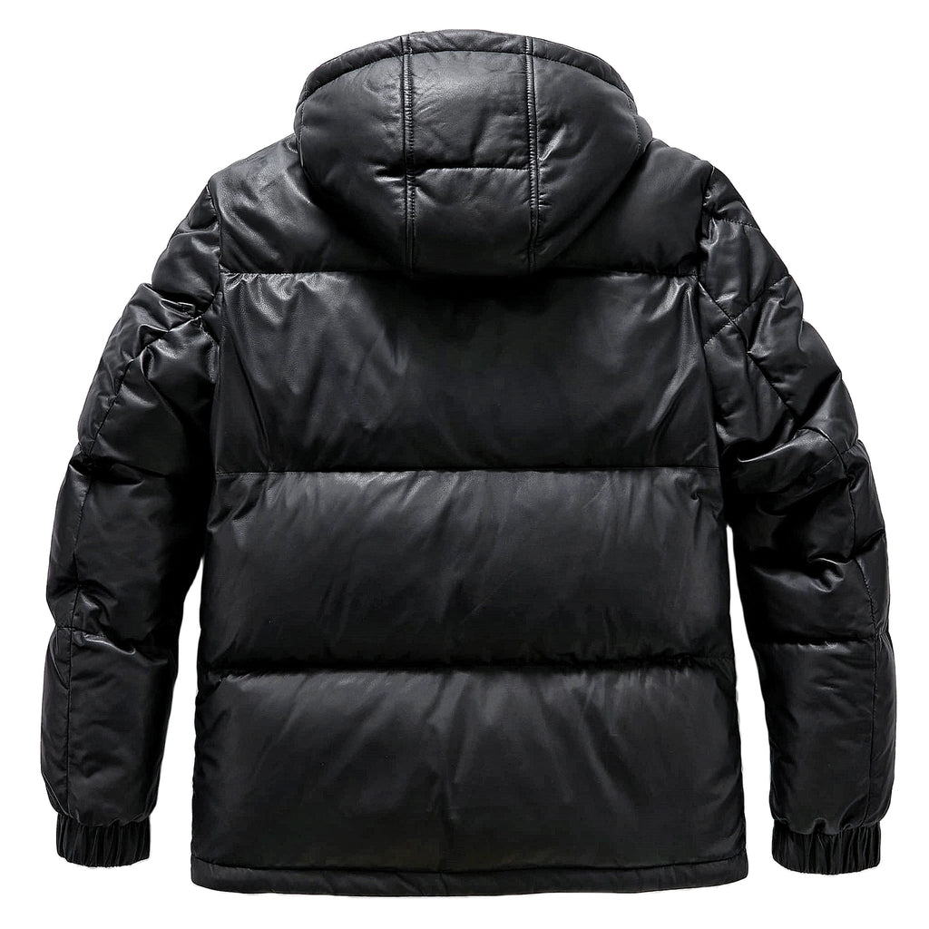 Black/White Goatskin Leather Bomber Hooded Down Jacket
