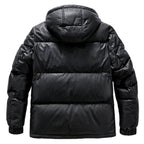 Black/White Goatskin Leather Bomber Hooded Down Jacket