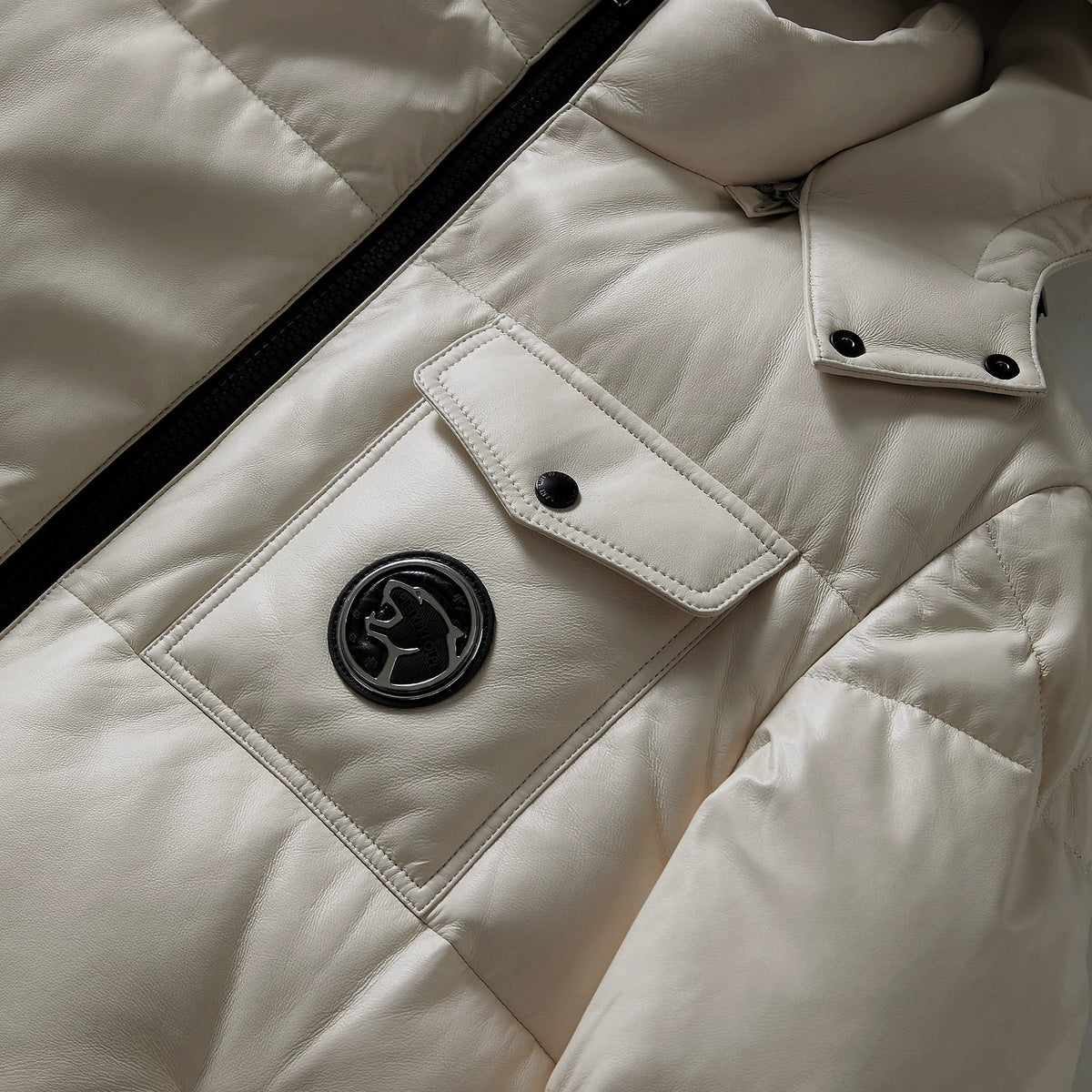 White Goatskin Leather Bomber Hooded Down Jacket