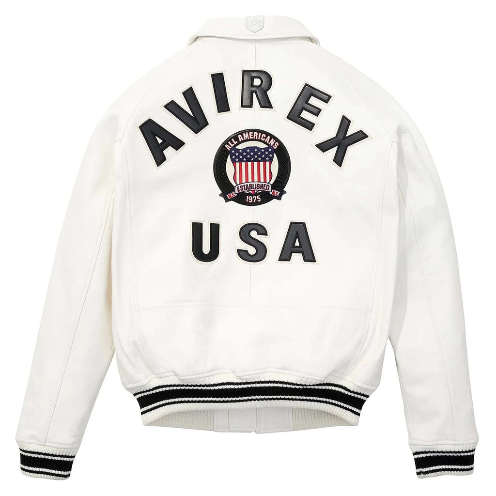 Avirex Iconic White Leather Bomber Jacket