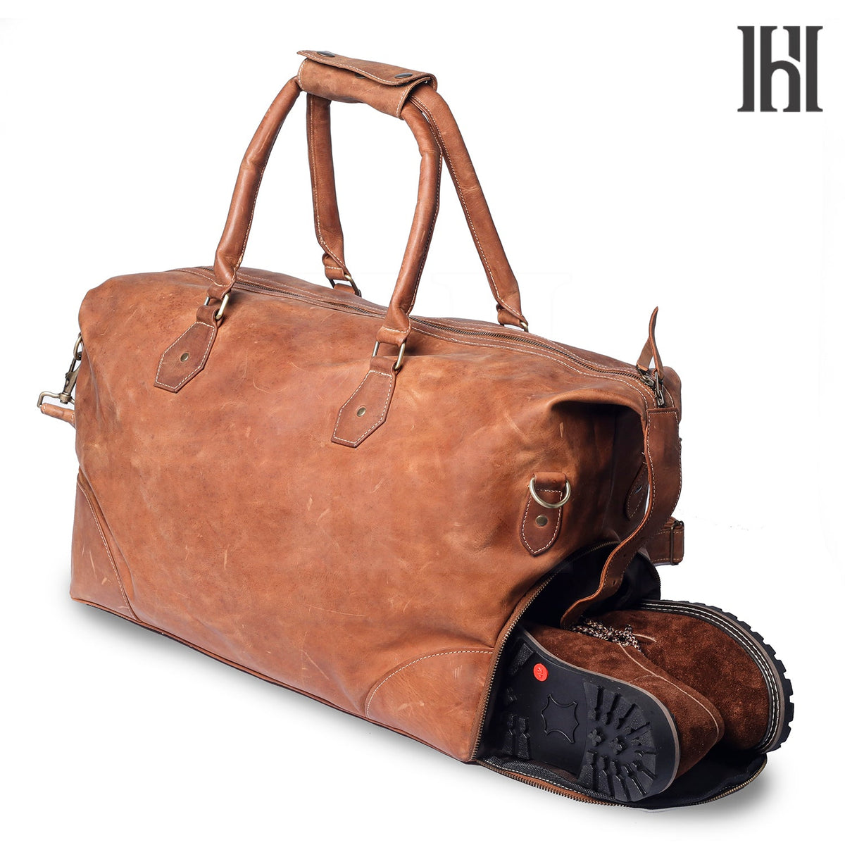 Premium Leather Duffle Bag with Dedicated Shoe Compartment