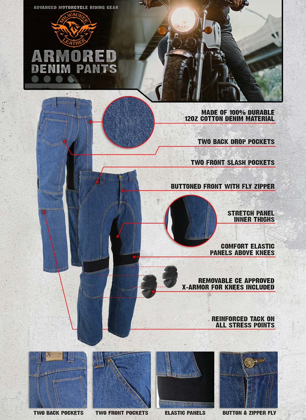 Milwaukee Leather Men's Armored Classic Fit Blue Denim Motorcycle Racing Style Pants - MDM5015