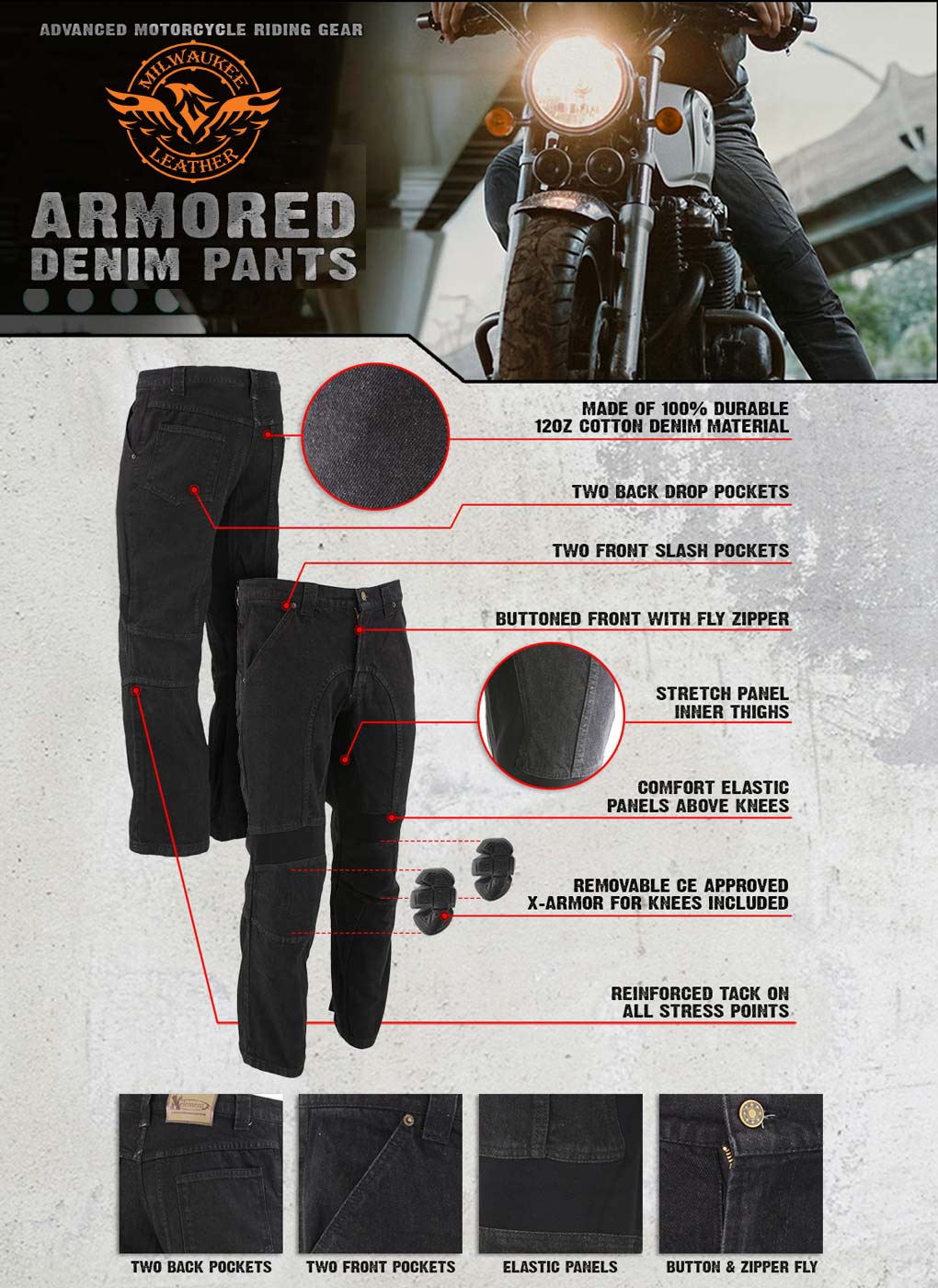 Milwaukee Leather Men's Armored Classic Fit Black Denim Motorcycle Racing Style Pants - MDM5014
