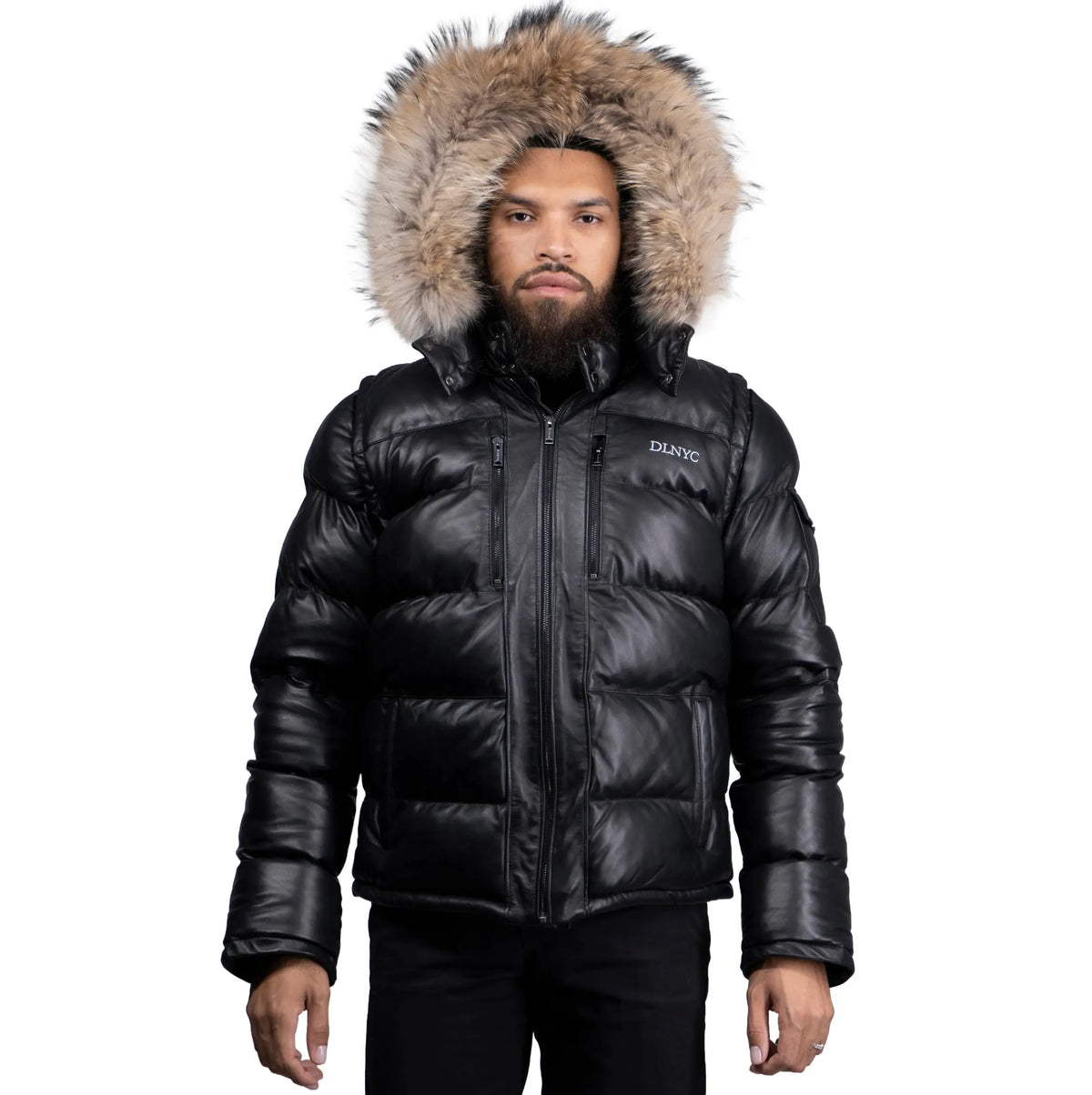 Fox Fur Trim Hood Leather Puffer Jacket with Zip Pockets