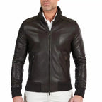 Chocolate Brown Leather Bomber Jacket