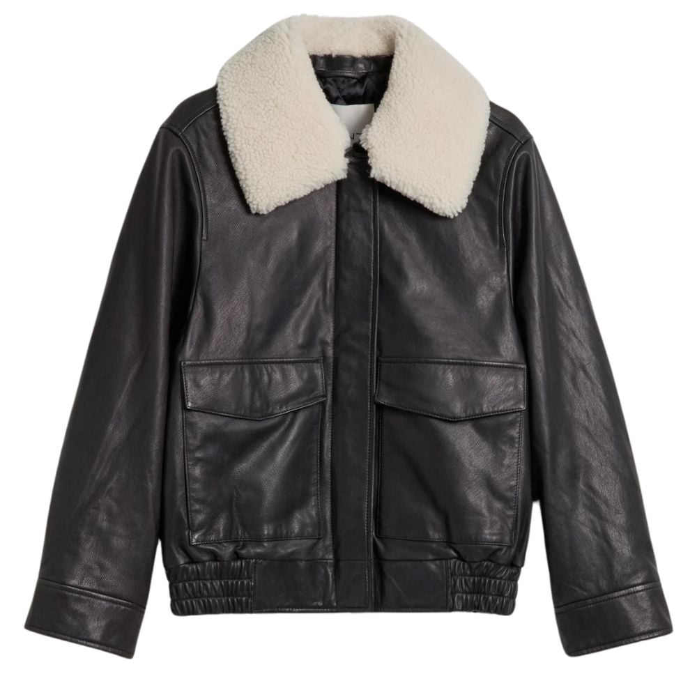 Womens Black Leather Jacket with Shearling Collar