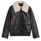 Womens Black Leather Jacket with Shearling Collar