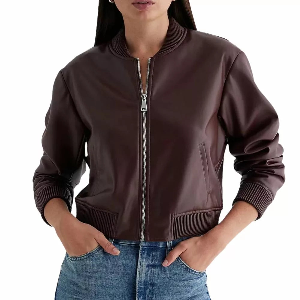 Womens Brown Leather Bomber Jacket