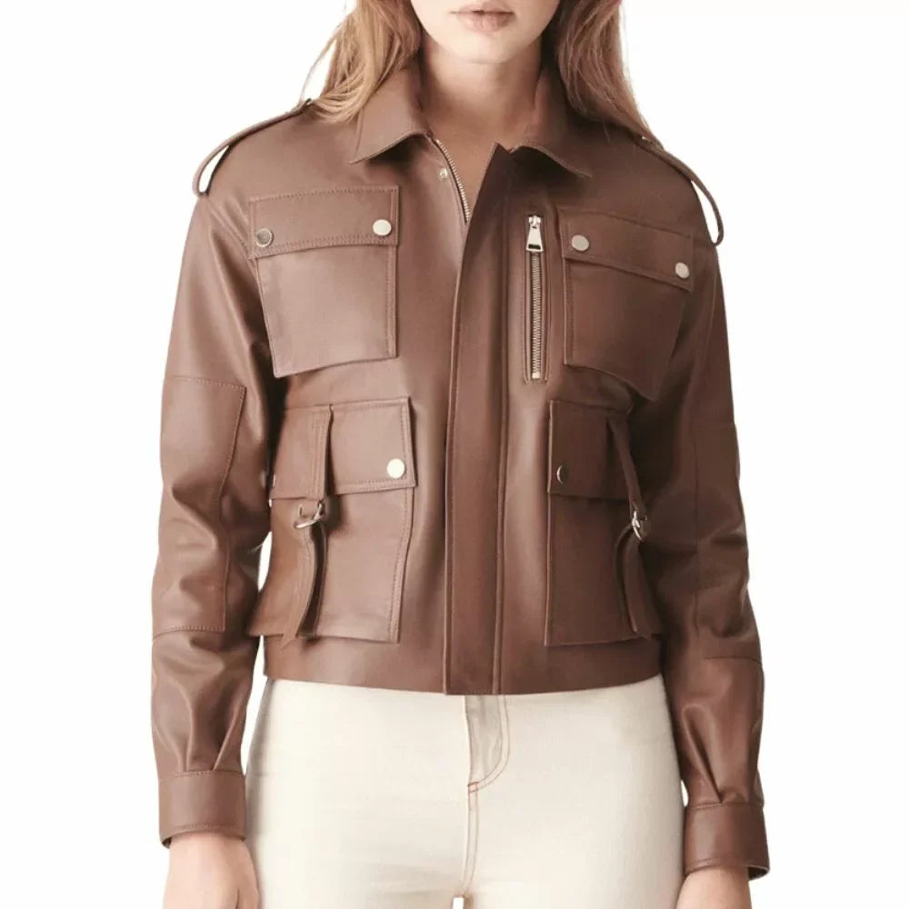 Brown Leather Bomber Jacket Womens
