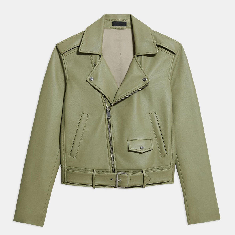 New Women Green Sheepskin Motorbike Riding Leather Jacket