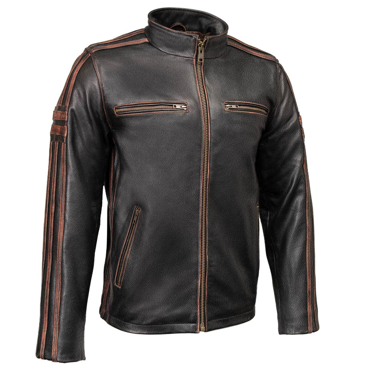 Milwaukee Leather Men’s Copperline Black Leather Moto Café Racer Jacket, Stand Collar, 6 Pockets - SFM1816