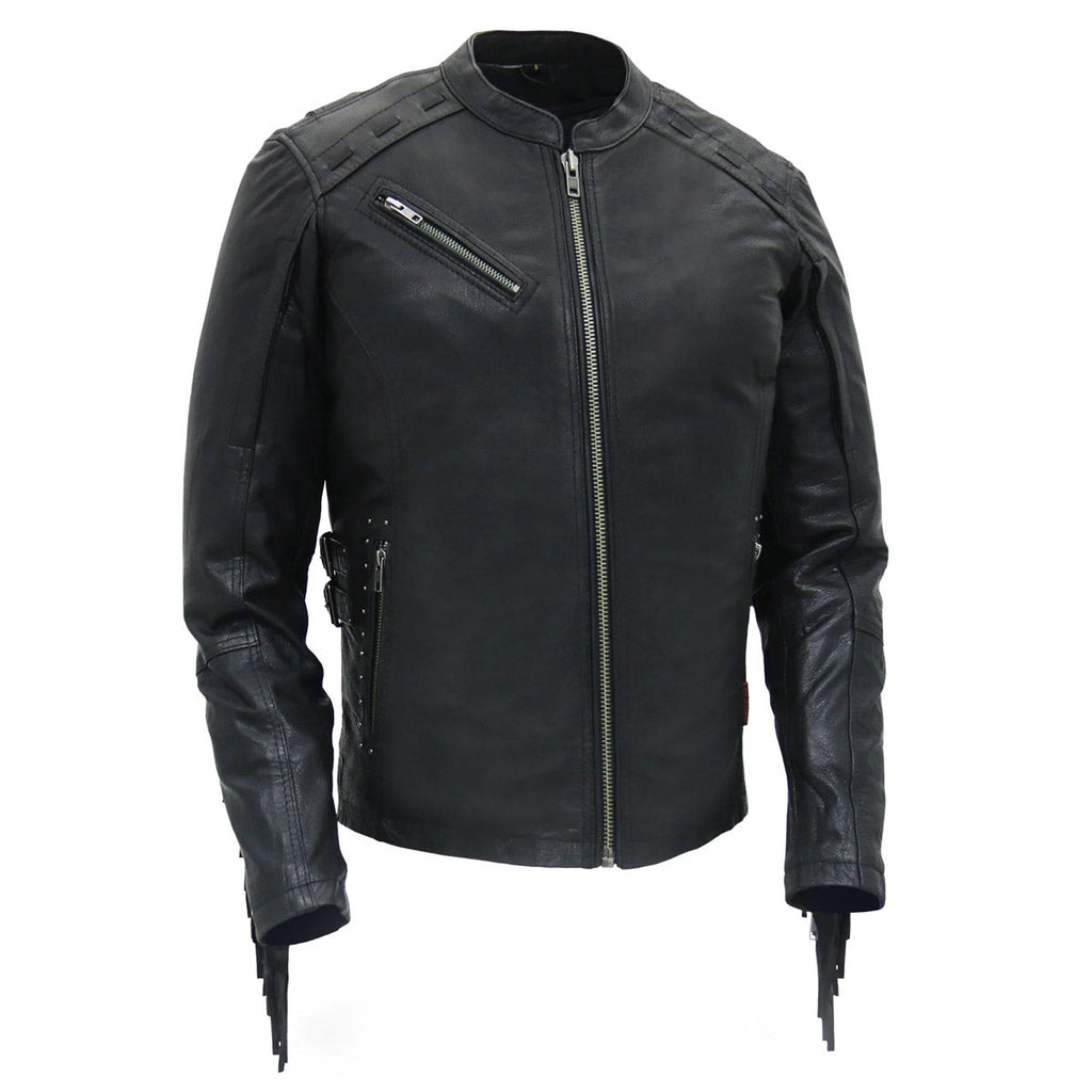 Hot Leathers Ladies Silver Fringe Black Leather Motorcycle Jacket - JKL1028