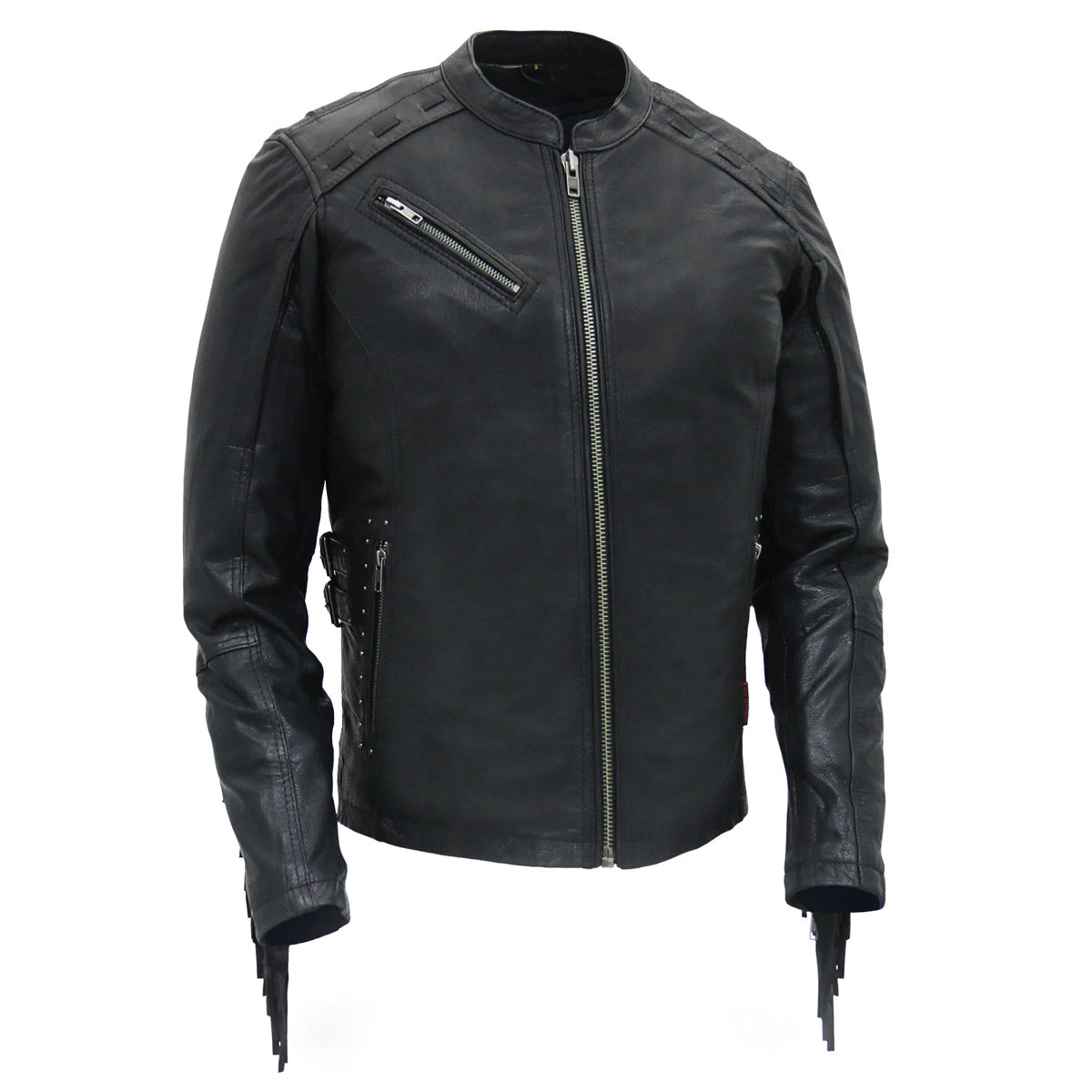 Hot Leathers Ladies Silver Fringe Black Leather Motorcycle Jacket - JKL1028