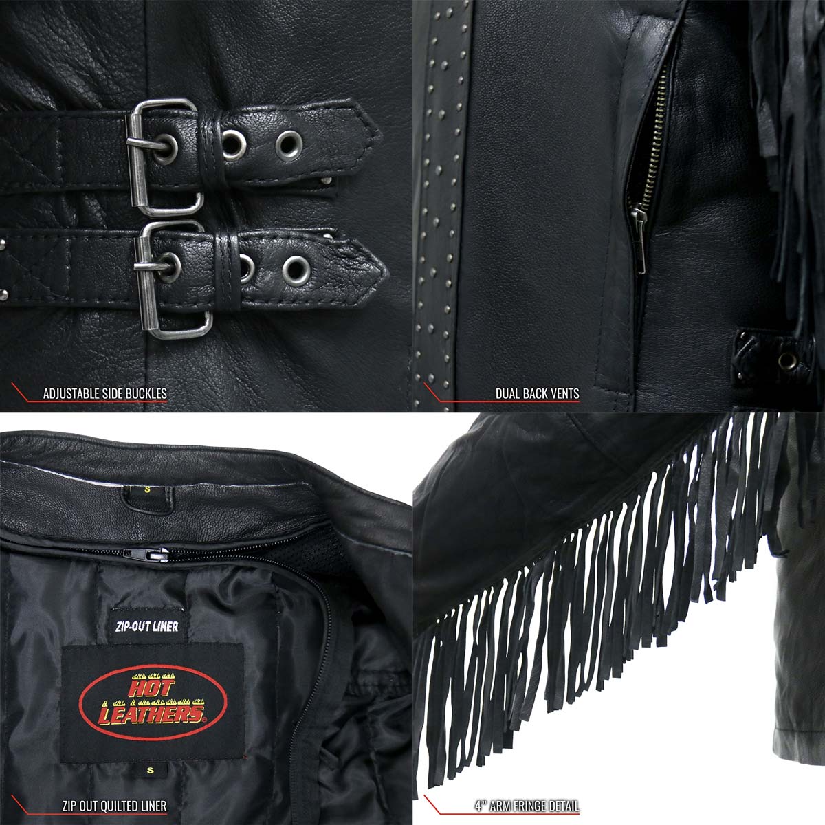 Hot Leathers Ladies Silver Fringe Black Leather Motorcycle Jacket - JKL1028
