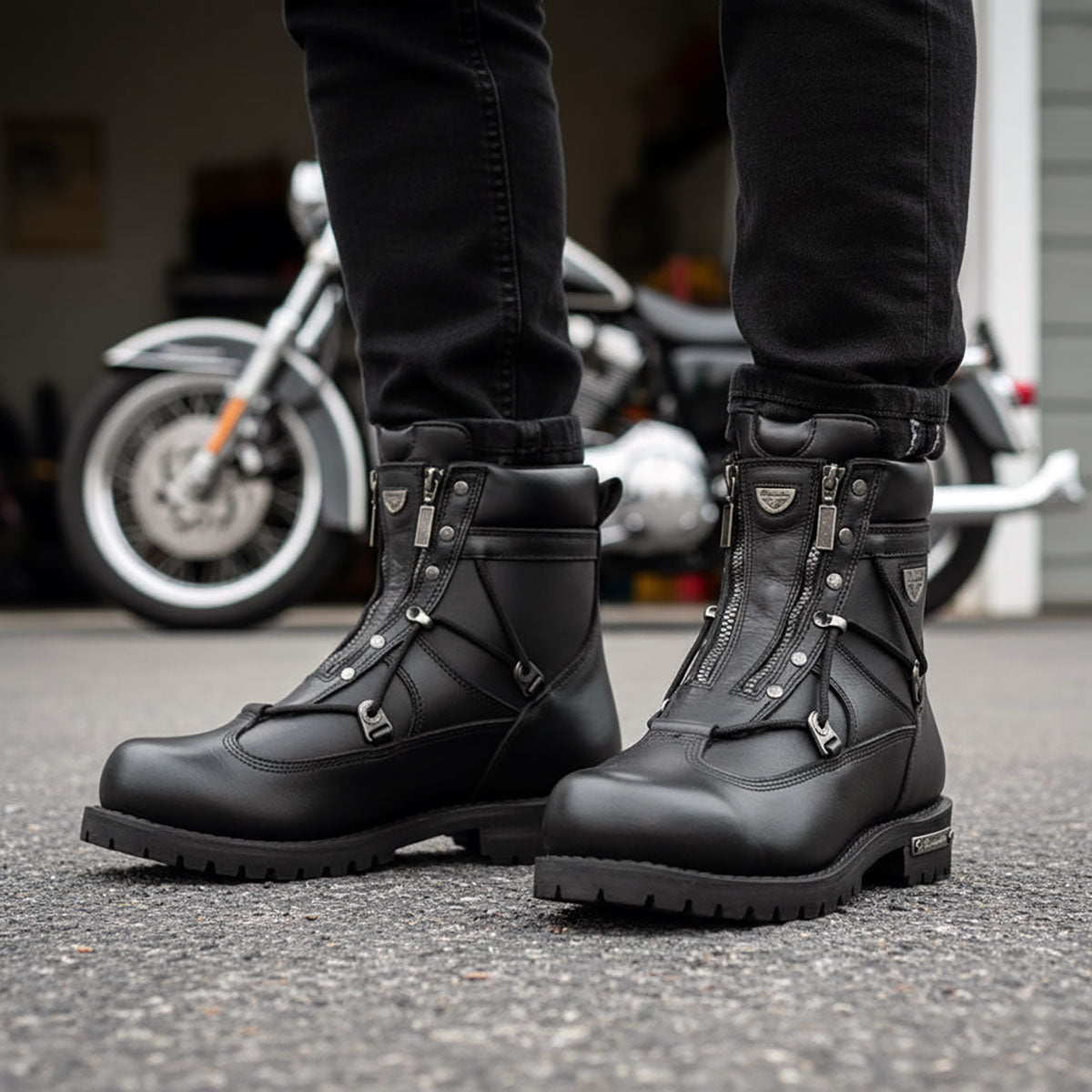 MMCC Men's Throttle Black Leather Motorcycle Boots - EEE Width - MB440EEE
