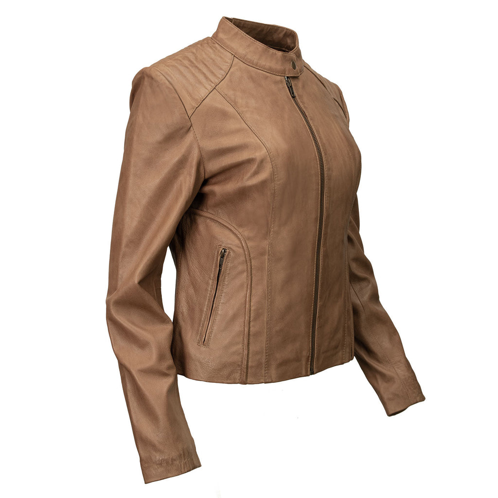 Milwaukee Leather LKL2736 Women's Cognac Premium Leather Scuba Style Biker Jacket w/ Mandarin Collar