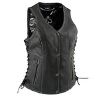 Milwaukee Leather LKL4711 Women's Black Premium Leather Motorcycle Vest with Side Lace Adjustment