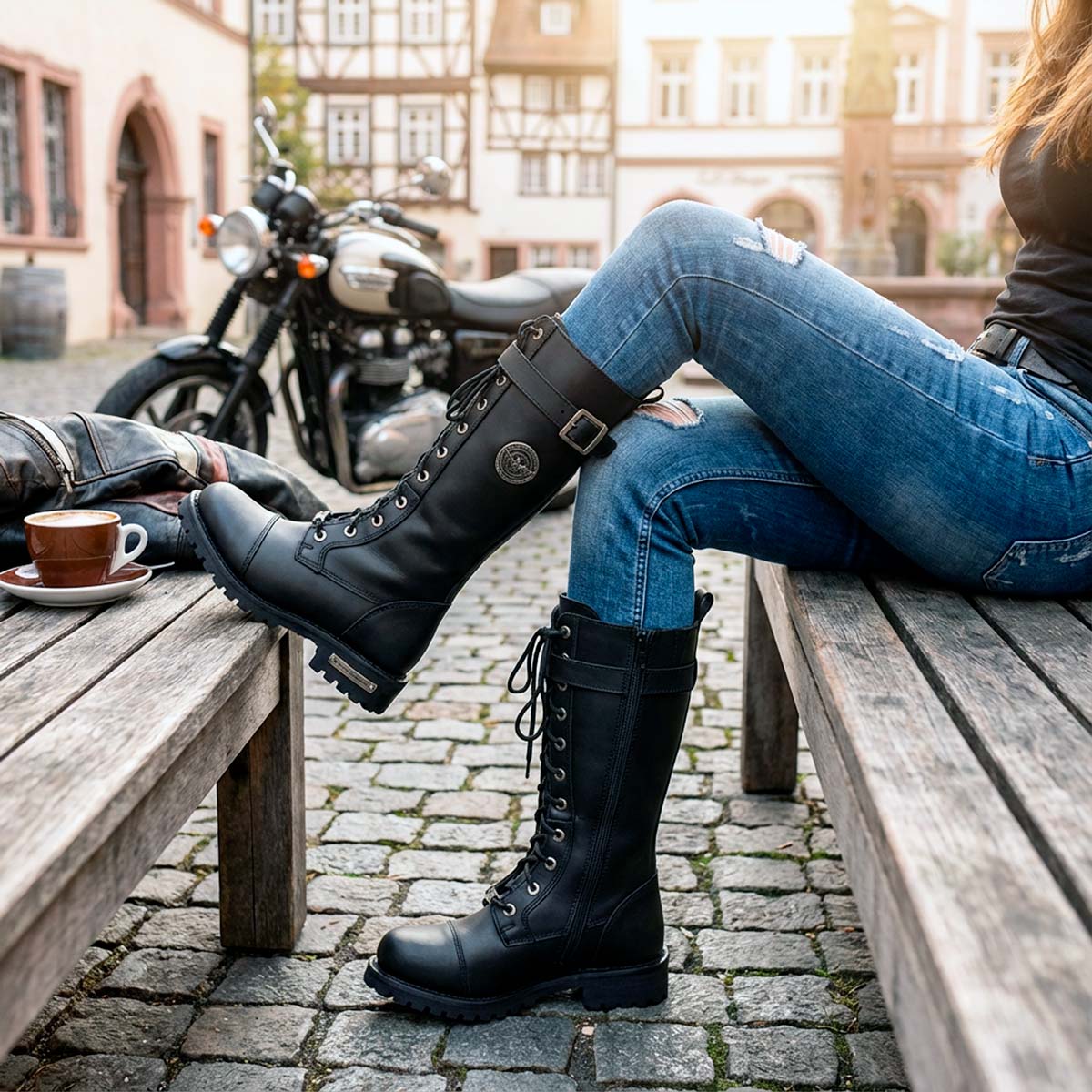 Milwaukee Leather Women's Wide-Width Black 14-inch Lace-Up High-Rise Leather Biker Rider Boots with Calf Buckle MBL9355W