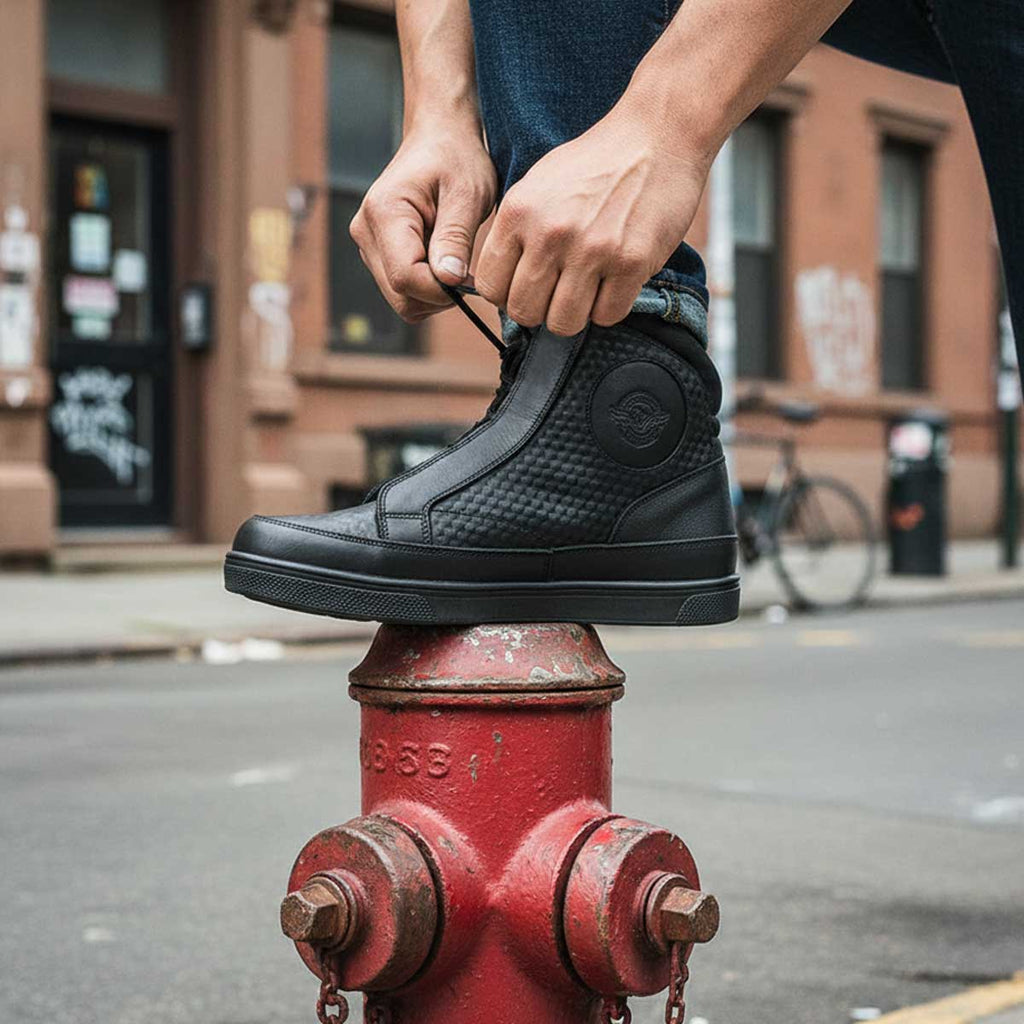 Milwaukee Leather Men's Black Leather Diamond Patterned Reinforced Street Biker Riding Shoes w/ Ankle Support - MBM9104