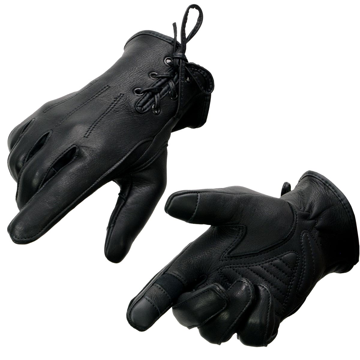 Milwaukee Leather MG7745 Women's Black Deerskin Laced Wrist Motorcycle Gloves w/ Gel Palm and i-Touch Screen